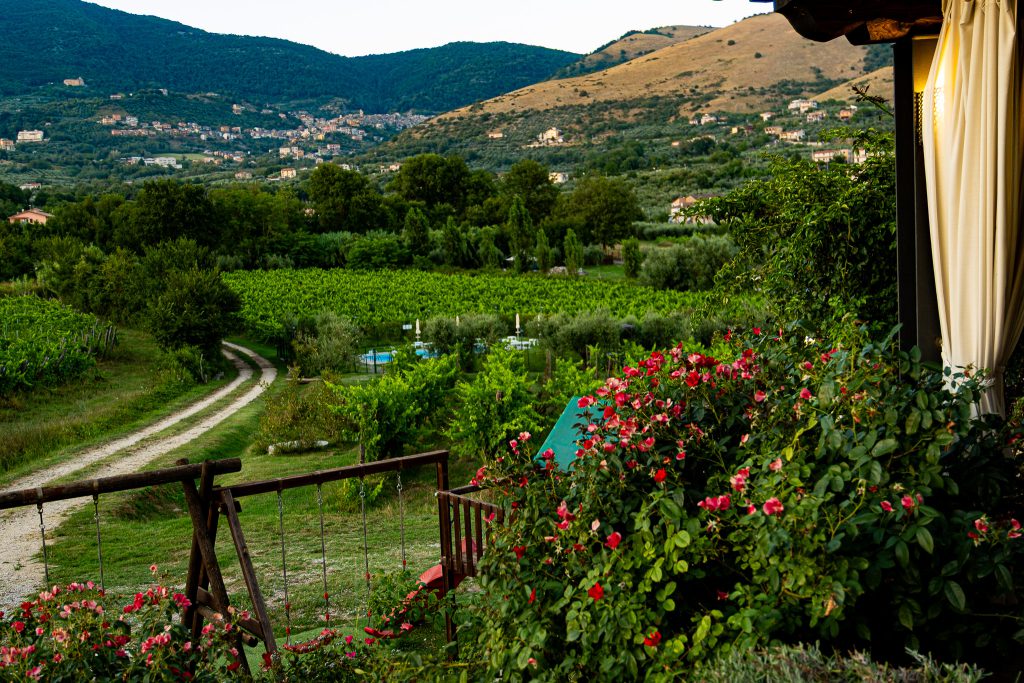 Tavola apparecchiata con vista sulla valle.